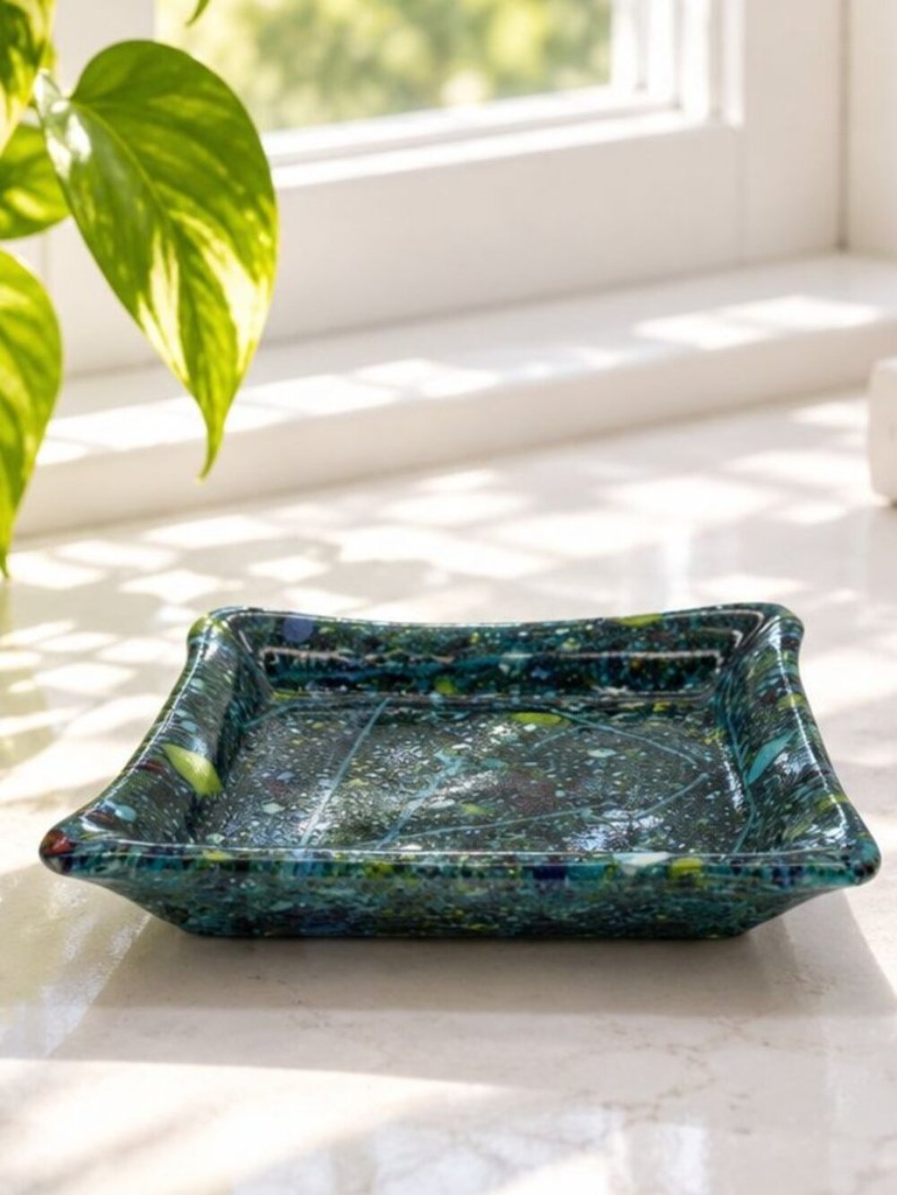Handmade Glass Trinket Dish With Speckled Blue & Green Design Signed Base 6" X 6